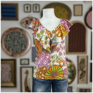 Trina Turk Paisley Reef Blouse Womens Size Brights Pink Blue Yellow